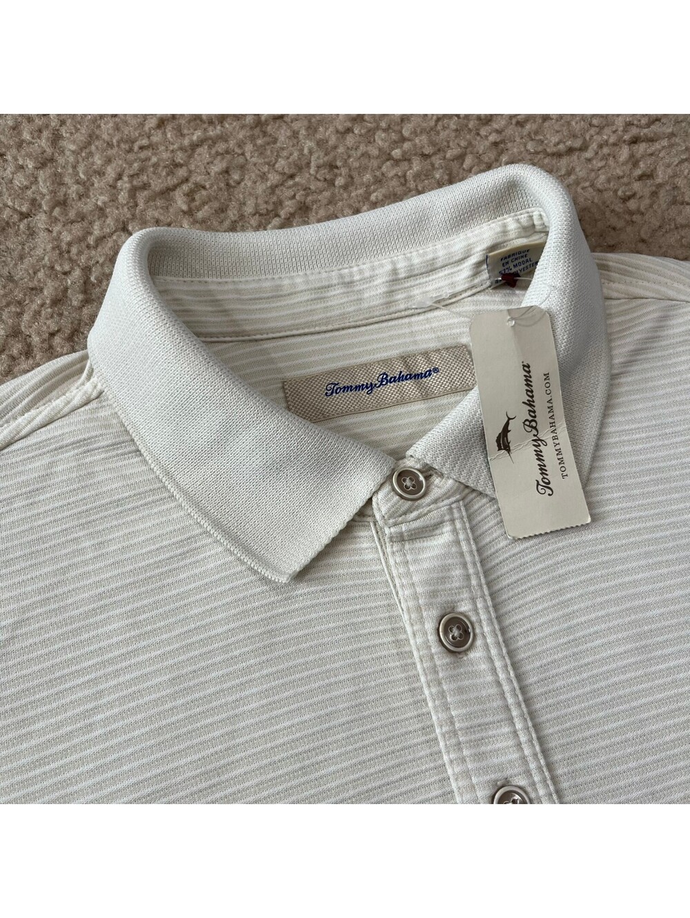 NWT Tommy Bahama Mens Polo Shirt Modal Blend Light Beige Stripe Size Large